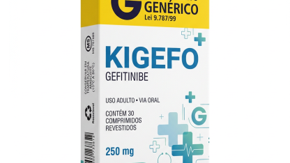 Caixa do medicamento KIGEFO (GEFITINIBE) em embalagem farmacêutica brasileira conforme RDC 768/2022 da ANVISA — fabricado por Ribeiro Cavalcante Advocacia