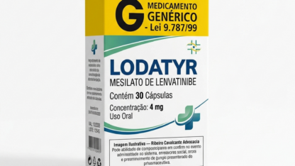 Caixa do medicamento LODATYR (MESILATO DE LENVATINIBE) em embalagem farmacêutica brasileira conforme RDC 768/2022 da ANVISA — fabricado por Ribeiro Cavalcante Advocacia