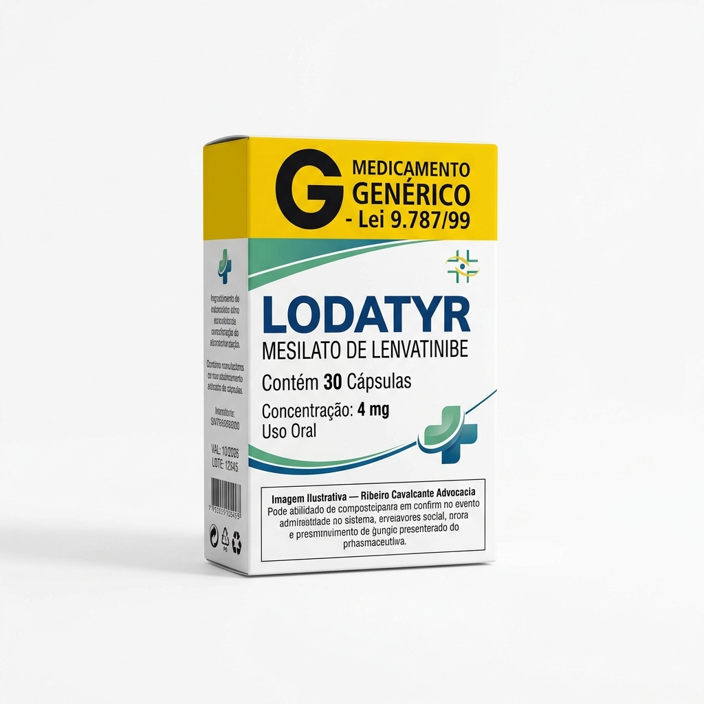 Caixa do medicamento lodatyr (mesilato de lenvatinibe) em embalagem farmacêutica brasileira conforme rdc 768/2022 da anvisa — fabricado por ribeiro cavalcante advocacia