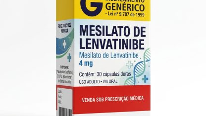 Caixa do medicamento MESILATO DE LENVATINIBE (MESILATO DE LENVATINIBE) em embalagem farmacêutica brasileira conforme RDC 768/2022 da ANVISA — fabricado por Ribeiro Cavalcante Advocacia