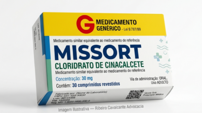 Caixa do medicamento MISSORT (CLORIDRATO DE CINACALCETE) em embalagem farmacêutica brasileira conforme RDC 768/2022 da ANVISA — fabricado por Ribeiro Cavalcante Advocacia