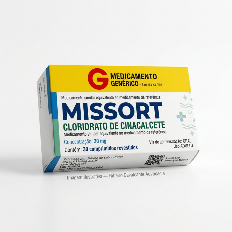Caixa do medicamento MISSORT (CLORIDRATO DE CINACALCETE) em embalagem farmacêutica brasileira conforme RDC 768/2022 da ANVISA — fabricado por Ribeiro Cavalcante Advocacia