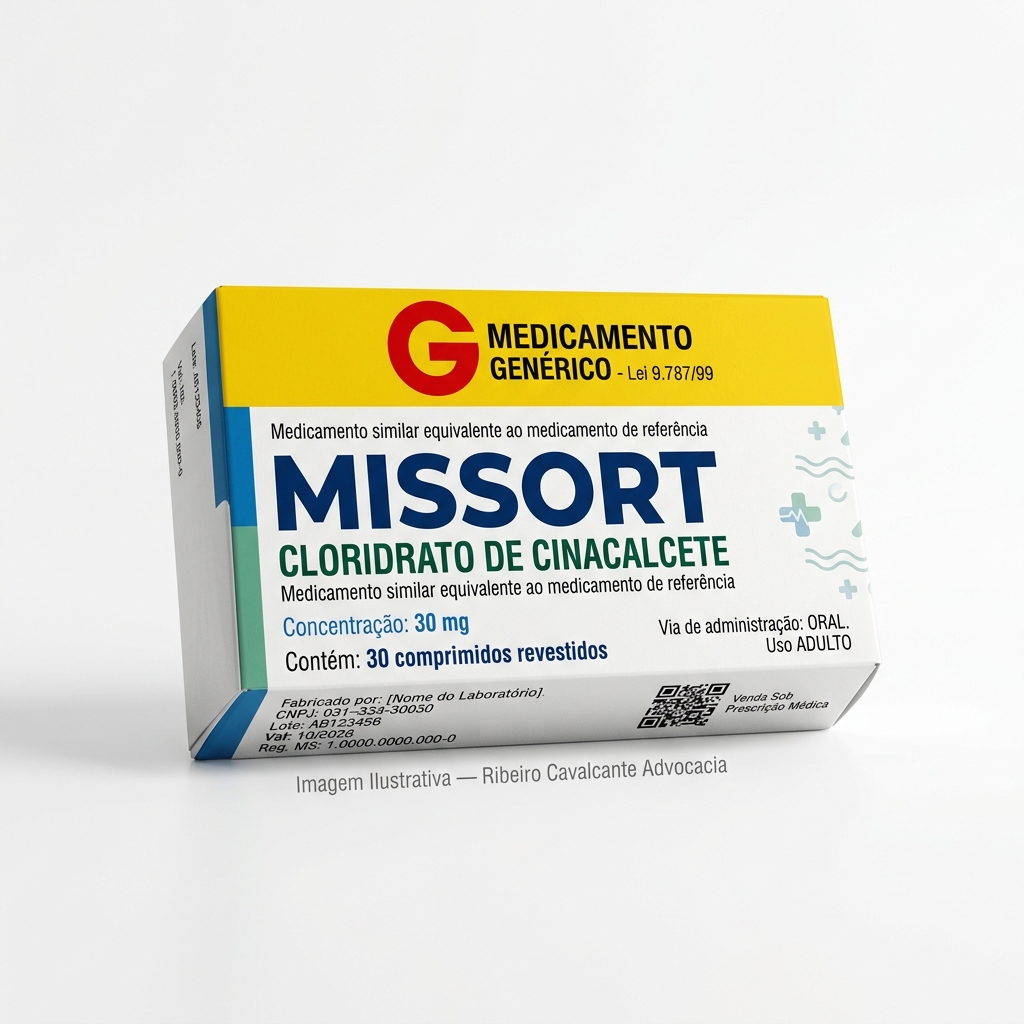 Caixa do medicamento missort (cloridrato de cinacalcete) em embalagem farmacêutica brasileira conforme rdc 768/2022 da anvisa — fabricado por ribeiro cavalcante advocacia