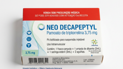 Caixa do medicamento NEO DECAPEPTYL (TRIPTORRELINA) em embalagem farmacêutica brasileira conforme RDC 768/2022 da ANVISA — fabricado por Ribeiro Cavalcante Advocacia
