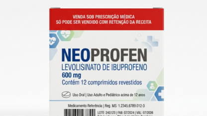 Caixa do medicamento NEOPROFEN (LEVOLISINATO DE IBUPROFENO) em embalagem farmacêutica brasileira conforme RDC 768/2022 da ANVISA — fabricado por Ribeiro Cavalcante Advocacia