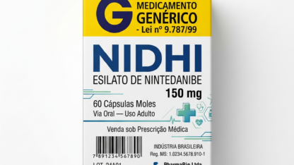 Caixa do medicamento NIDHI (ESILATO DE NINTEDANIBE) em embalagem farmacêutica brasileira conforme RDC 768/2022 da ANVISA — fabricado por Ribeiro Cavalcante Advocacia