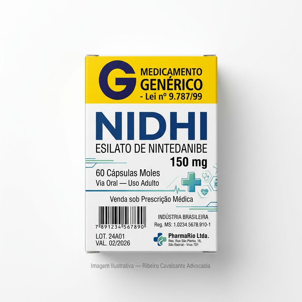Caixa do medicamento nidhi (esilato de nintedanibe) em embalagem farmacêutica brasileira conforme rdc 768/2022 da anvisa — fabricado por ribeiro cavalcante advocacia