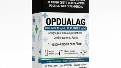 Caixa do medicamento OPDUALAG (NIVOLUMABE;RELATLIMABE) em embalagem farmacêutica brasileira conforme RDC 768/2022 da ANVISA — fabricado por Ribeiro Cavalcante Advocacia