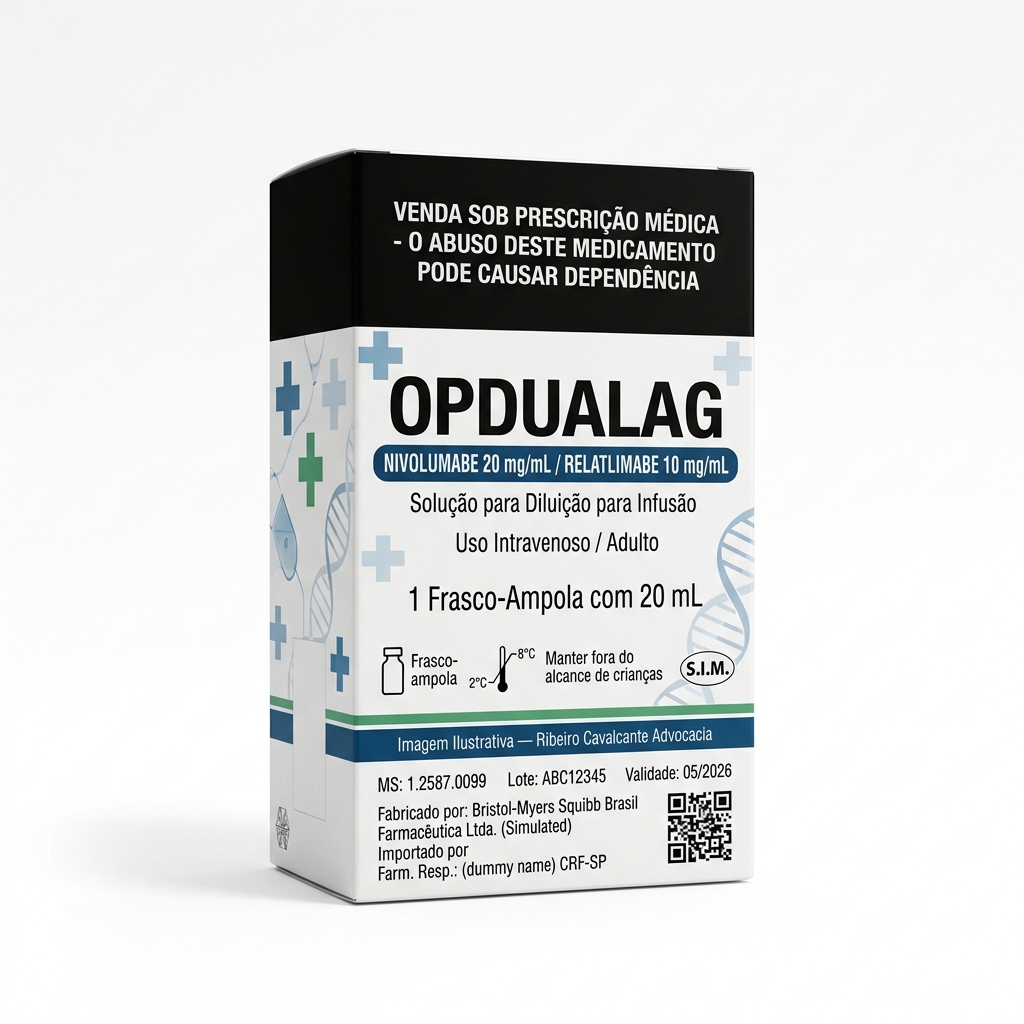 Caixa do medicamento OPDUALAG (NIVOLUMABE;RELATLIMABE) em embalagem farmacêutica brasileira conforme RDC 768/2022 da ANVISA — fabricado por Ribeiro Cavalcante Advocacia