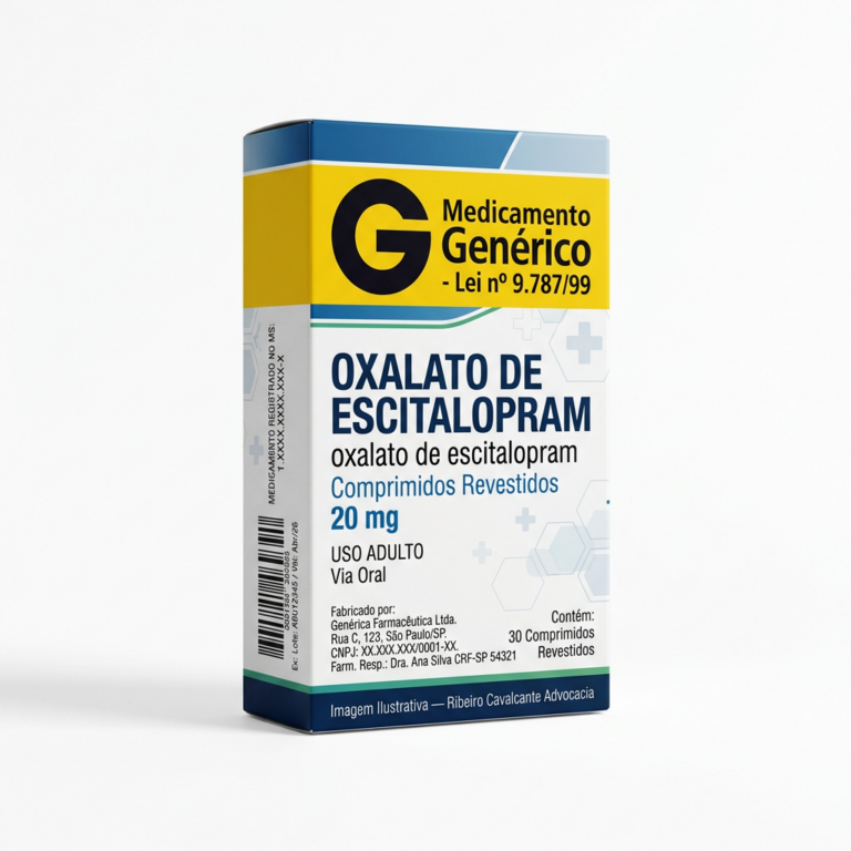 Caixa do medicamento OXALATO DE ESCITALOPRAM (OXALATO DE ESCITALOPRAM) em embalagem farmacêutica brasileira conforme RDC 768/2022 da ANVISA — fabricado por Ribeiro Cavalcante Advocacia