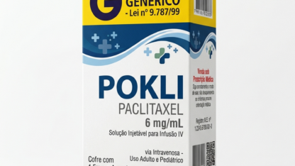 Caixa do medicamento POKLI (PACLITAXEL) em embalagem farmacêutica brasileira conforme RDC 768/2022 da ANVISA — fabricado por Ribeiro Cavalcante Advocacia