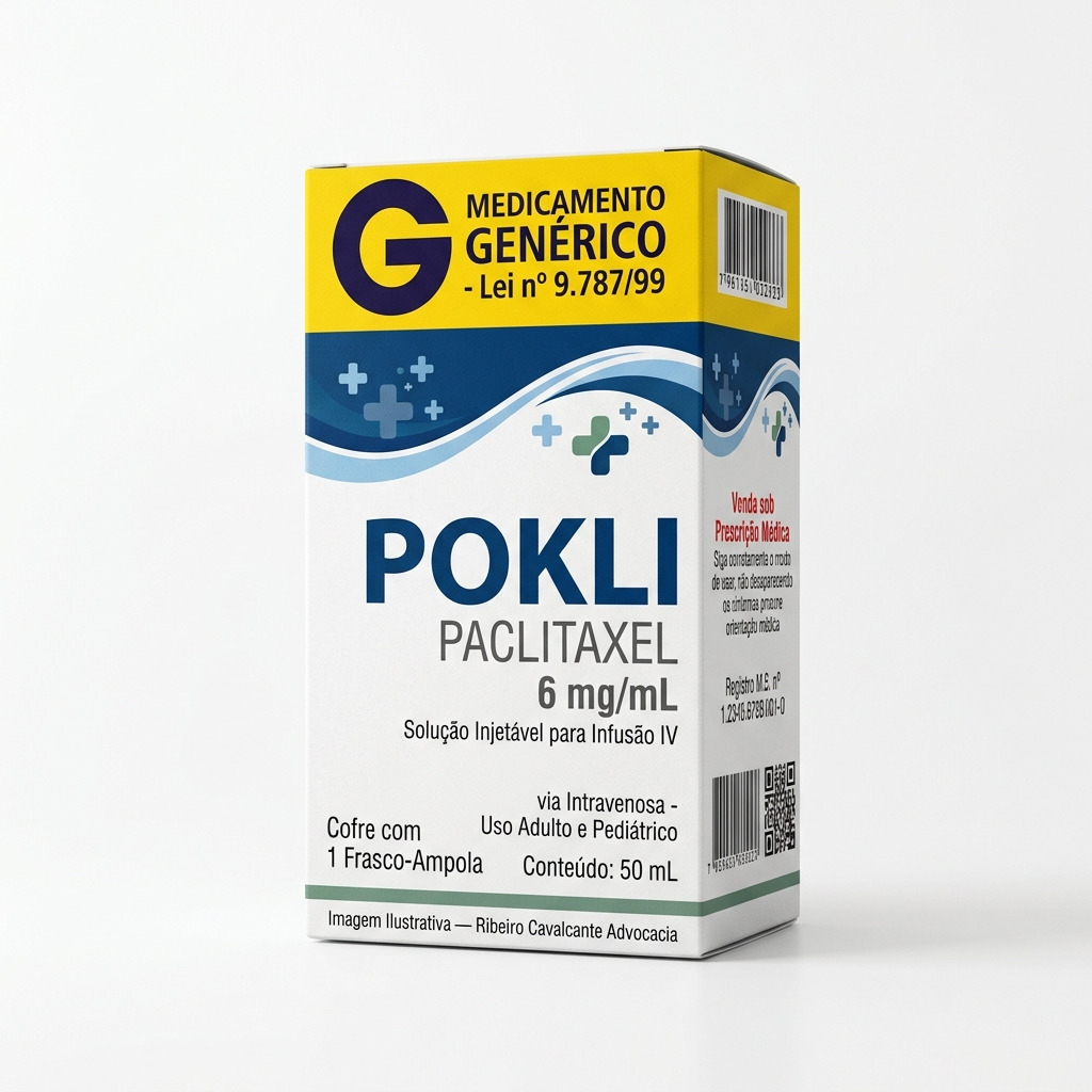 Caixa do medicamento pokli (paclitaxel) em embalagem farmacêutica brasileira conforme rdc 768/2022 da anvisa — fabricado por ribeiro cavalcante advocacia