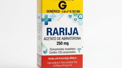 Caixa do medicamento RARIJA (ACETATO DE ABIRATERONA) em embalagem farmacêutica brasileira conforme RDC 768/2022 da ANVISA — fabricado por Ribeiro Cavalcante Advocacia