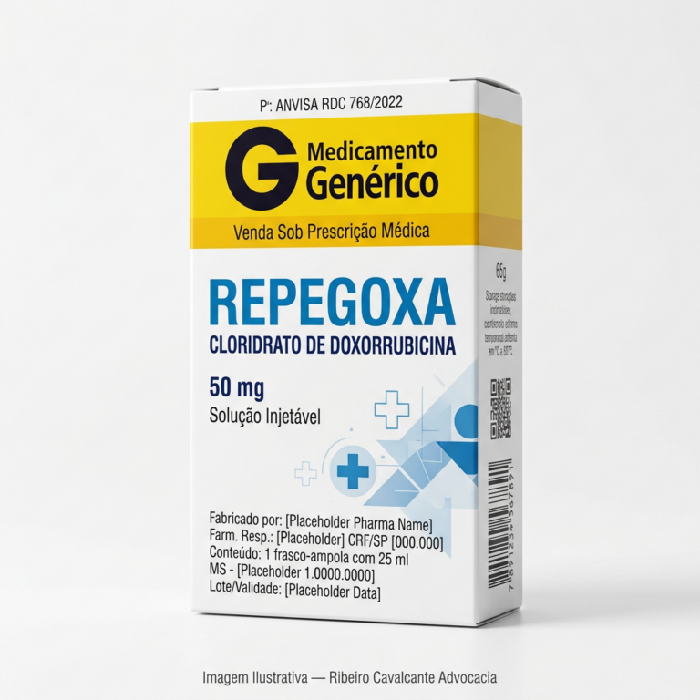 Caixa do medicamento REPEGOXA (CLORIDRATO DE DOXORRUBICINA) em embalagem farmacêutica brasileira conforme RDC 768/2022 da ANVISA — fabricado por Ribeiro Cavalcante Advocacia