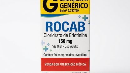 Caixa do medicamento ROCAB (CLORIDRATO DE ERLOTINIBE) em embalagem farmacêutica brasileira conforme RDC 768/2022 da ANVISA — fabricado por Ribeiro Cavalcante Advocacia