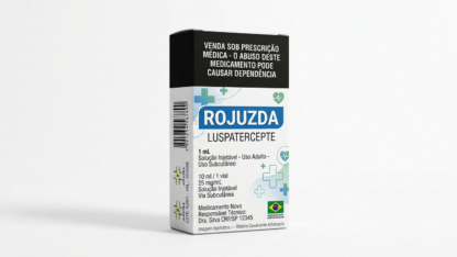 Caixa do medicamento ROJUZDA (LUSPATERCEPTE) em embalagem farmacêutica brasileira conforme RDC 768/2022 da ANVISA — fabricado por Ribeiro Cavalcante Advocacia