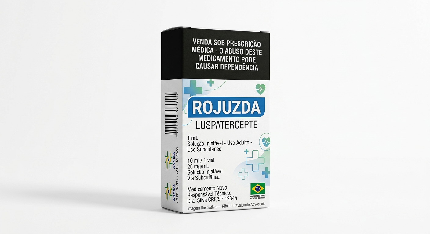 Caixa do medicamento rojuzda (luspatercepte) em embalagem farmacêutica brasileira conforme rdc 768/2022 da anvisa — fabricado por ribeiro cavalcante advocacia