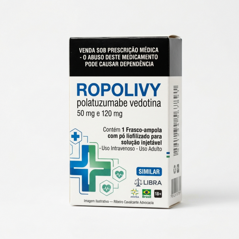 Caixa do medicamento ROPOLIVY (POLATUZUMABE VEDOTINA) em embalagem farmacêutica brasileira conforme RDC 768/2022 da ANVISA — fabricado por Ribeiro Cavalcante Advocacia