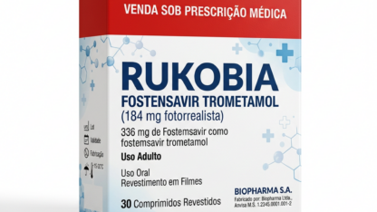 Caixa do medicamento RUKOBIA (FOSTENSAVIR TROMETAMOL) em embalagem farmacêutica brasileira conforme RDC 768/2022 da ANVISA — fabricado por Ribeiro Cavalcante Advocacia
