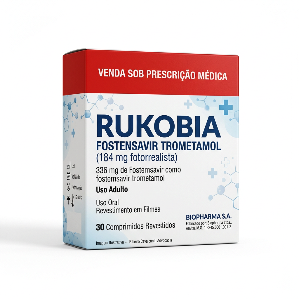 Caixa do medicamento rukobia (fostensavir trometamol) em embalagem farmacêutica brasileira conforme rdc 768/2022 da anvisa — fabricado por ribeiro cavalcante advocacia