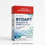 Caixa do medicamento RYDAPT (MIDOSTAURINA) em embalagem farmacêutica brasileira conforme RDC 768/2022 da ANVISA — fabricado por Ribeiro Cavalcante Advocacia