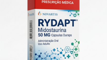 Caixa do medicamento RYDAPT (MIDOSTAURINA) em embalagem farmacêutica brasileira conforme RDC 768/2022 da ANVISA — fabricado por Ribeiro Cavalcante Advocacia