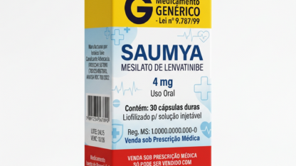Caixa do medicamento SAUMYA (MESILATO DE LENVATINIBE) em embalagem farmacêutica brasileira conforme RDC 768/2022 da ANVISA — fabricado por Ribeiro Cavalcante Advocacia