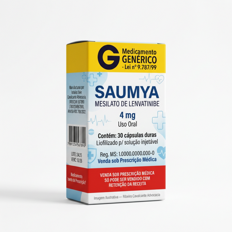 Caixa do medicamento SAUMYA (MESILATO DE LENVATINIBE) em embalagem farmacêutica brasileira conforme RDC 768/2022 da ANVISA — fabricado por Ribeiro Cavalcante Advocacia