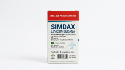 Caixa do medicamento SIMDAX (LEVOSIMENDANA) em embalagem farmacêutica brasileira conforme RDC 768/2022 da ANVISA — fabricado por Ribeiro Cavalcante Advocacia