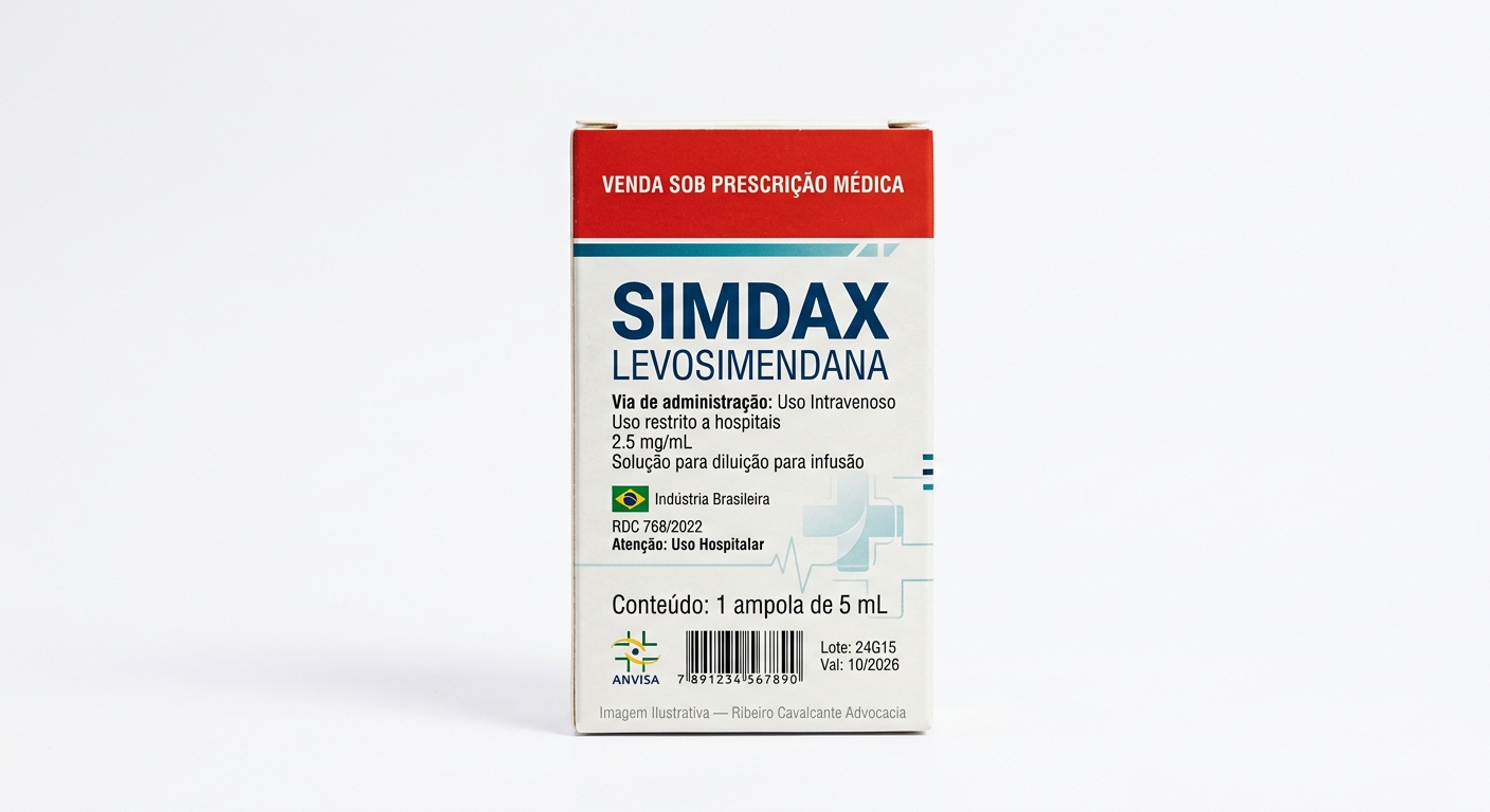 Medicamento simdax 1778927719 Caixa do medicamento simdax (levosimendana) em embalagem farmacêutica brasileira conforme rdc 768/2022 da anvisa — fabricado por ribeiro cavalcante advocacia
