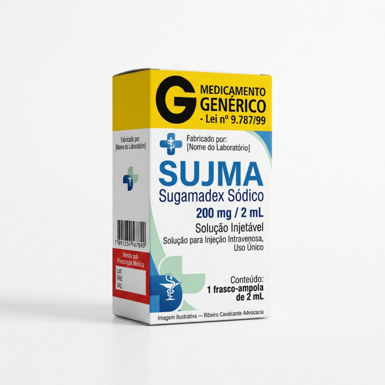 Caixa do medicamento SUJMA (SUGAMADEX SÓDICO) em embalagem farmacêutica brasileira conforme RDC 768/2022 da ANVISA — fabricado por Ribeiro Cavalcante Advocacia