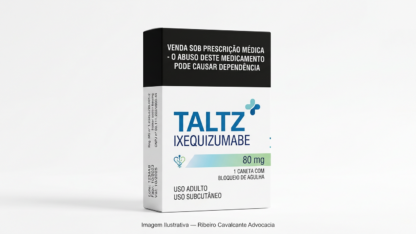 Caixa do medicamento TALTZ (IXEQUIZUMABE) em embalagem farmacêutica brasileira conforme RDC 768/2022 da ANVISA — fabricado por Ribeiro Cavalcante Advocacia