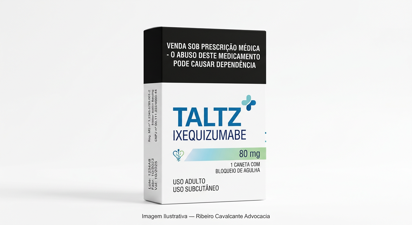 Caixa do medicamento taltz (ixequizumabe) em embalagem farmacêutica brasileira conforme rdc 768/2022 da anvisa — fabricado por ribeiro cavalcante advocacia