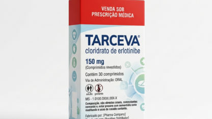 Caixa do medicamento TARCEVA (CLORIDRATO DE ERLOTINIBE) em embalagem farmacêutica brasileira conforme RDC 768/2022 da ANVISA — fabricado por Ribeiro Cavalcante Advocacia