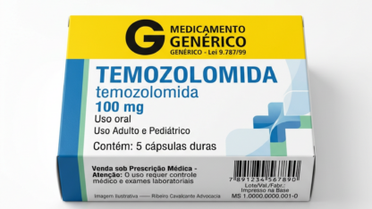Caixa do medicamento TEMOZOLOMIDA (TEMOZOLOMIDA) em embalagem farmacêutica brasileira conforme RDC 768/2022 da ANVISA — fabricado por Ribeiro Cavalcante Advocacia