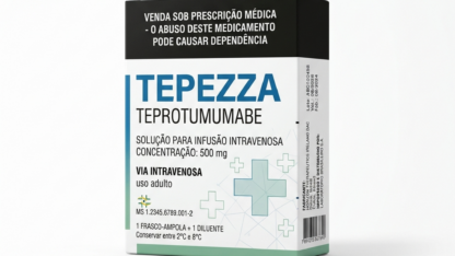 Caixa do medicamento TEPEZZA (TEPROTUMUMABE) em embalagem farmacêutica brasileira conforme RDC 768/2022 da ANVISA — fabricado por Ribeiro Cavalcante Advocacia