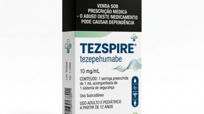 Caixa do medicamento TEZSPIRE (TEZEPELUMABE) em embalagem farmacêutica brasileira conforme RDC 768/2022 da ANVISA — fabricado por Ribeiro Cavalcante Advocacia