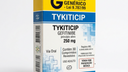 Caixa do medicamento TYKITICIP (GEFITINIBE) em embalagem farmacêutica brasileira conforme RDC 768/2022 da ANVISA — fabricado por Ribeiro Cavalcante Advocacia