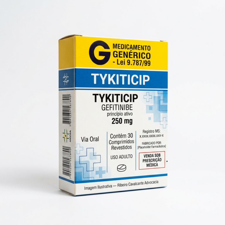 Caixa do medicamento TYKITICIP (GEFITINIBE) em embalagem farmacêutica brasileira conforme RDC 768/2022 da ANVISA — fabricado por Ribeiro Cavalcante Advocacia