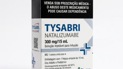 Caixa do medicamento TYSABRI (NATALIZUMABE) em embalagem farmacêutica brasileira conforme RDC 768/2022 da ANVISA — fabricado por Ribeiro Cavalcante Advocacia