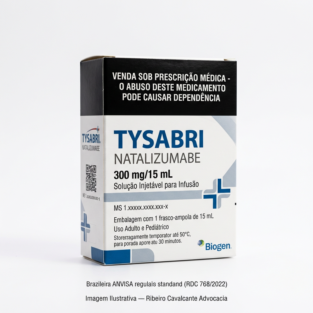 Caixa do medicamento tysabri (natalizumabe) em embalagem farmacêutica brasileira conforme rdc 768/2022 da anvisa — fabricado por ribeiro cavalcante advocacia