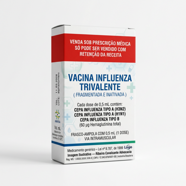 Caixa do medicamento VACINA INFLUENZA TRIVALENTE ( FRAGMENTADA E INATIVADA ) (CEPA INFLUENZA TIPO A (H3N2);CEPA INFLUENZA TIPO A (H1N1);CEPA INFLUENZA TIPO B) em embalagem farmacêutica brasileira conforme RDC 768/2022 da ANVISA — fabricado por Ribeiro Cavalcante Advocacia