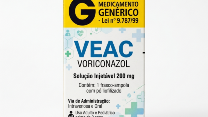 Caixa do medicamento VEAC (VORICONAZOL) em embalagem farmacêutica brasileira conforme RDC 768/2022 da ANVISA — fabricado por Ribeiro Cavalcante Advocacia