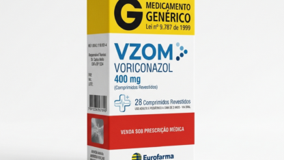 Caixa do medicamento VZOM (VORICONAZOL) em embalagem farmacêutica brasileira conforme RDC 768/2022 da ANVISA — fabricado por Ribeiro Cavalcante Advocacia