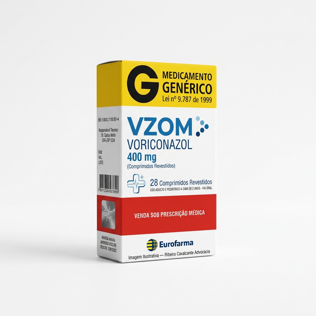 Caixa do medicamento VZOM (VORICONAZOL) em embalagem farmacêutica brasileira conforme RDC 768/2022 da ANVISA