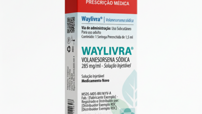 Caixa do medicamento WAYLIVRA (VOLANESORSENA SÓDICA) em embalagem farmacêutica brasileira conforme RDC 768/2022 da ANVISA — fabricado por Ribeiro Cavalcante Advocacia