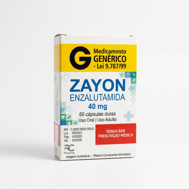 Caixa do medicamento ZAYON (ENZALUTAMIDA) em embalagem farmacêutica brasileira conforme RDC 768/2022 da ANVISA — fabricado por Ribeiro Cavalcante Advocacia