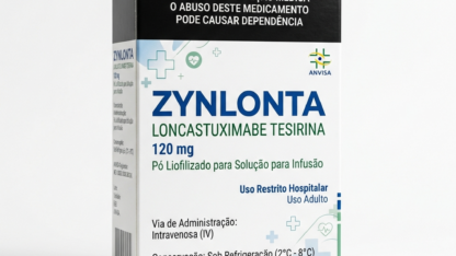 Caixa do medicamento ZYNLONTA (LONCASTUXIMABE TESIRINA) em embalagem farmacêutica brasileira conforme RDC 768/2022 da ANVISA — fabricado por Ribeiro Cavalcante Advocacia