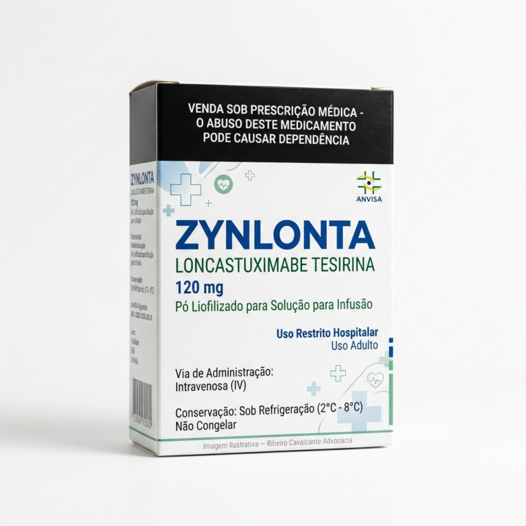 Caixa do medicamento ZYNLONTA (LONCASTUXIMABE TESIRINA) em embalagem farmacêutica brasileira conforme RDC 768/2022 da ANVISA — fabricado por Ribeiro Cavalcante Advocacia