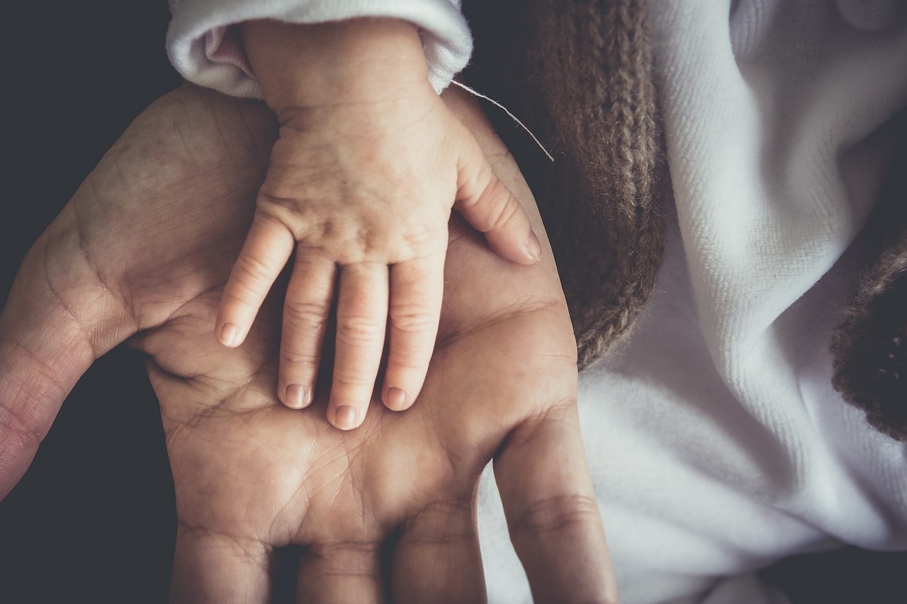 Mão de um adulto segurando a mão pequena de um bebê. — Foto: skalekar1992